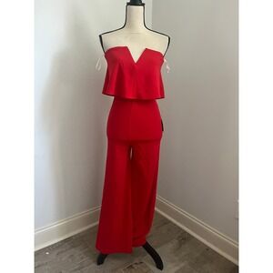Lulu’s Red Strapless Wide Leg Jumpsuit XS Classic Minimalist Chic Wedding Guest